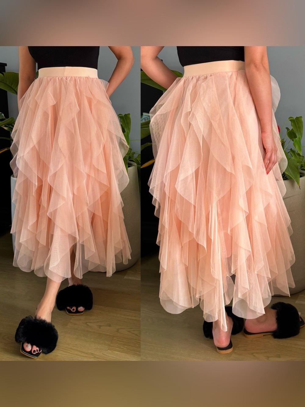 Peach Ruffled Tulle Midi Skirt - Women